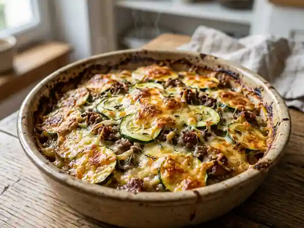Gratin savoureux de bœuf et courgettes fondantes - Photo de présentation