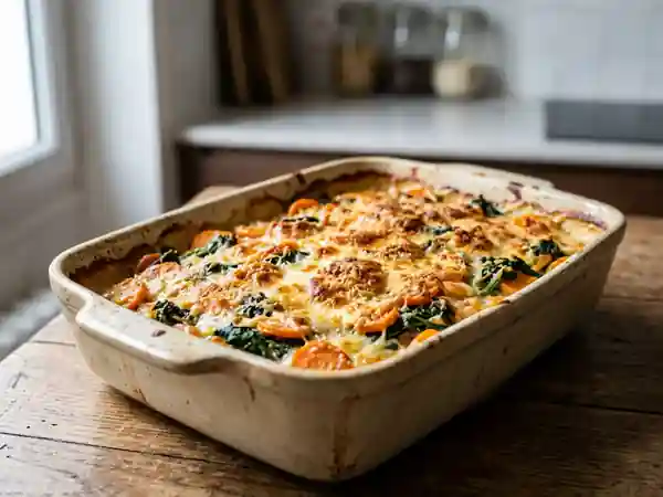 Gratin fondant de carottes et épinards frais - Photo de présentation