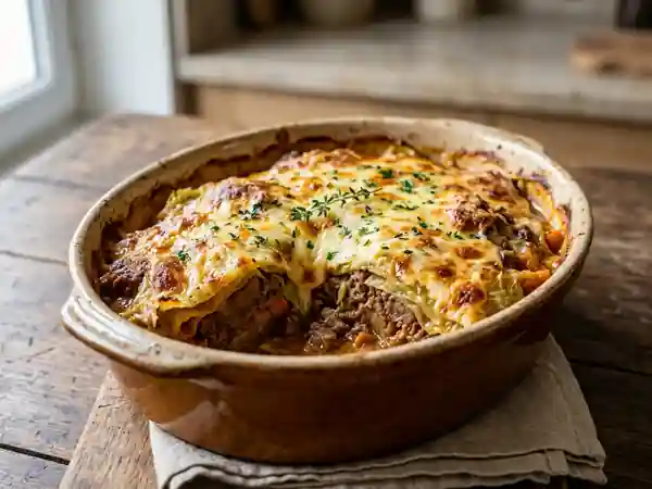 Gratin savoureux de chou farci à la queue de bœuf fondante - Photo de présentation