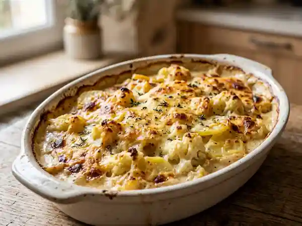 Gratin savoureux de chou-fleur et pommes de terre fondantes - Photo de présentation