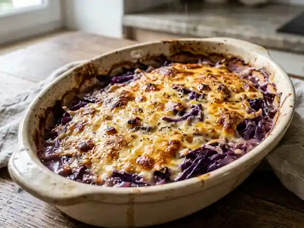 Gratin savoureux de chou rouge fondant au fromage - Photo de présentation