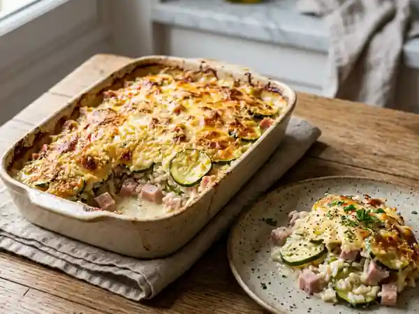 Gratin savoureux de courgettes au jambon et riz fondant - Photo de présentation