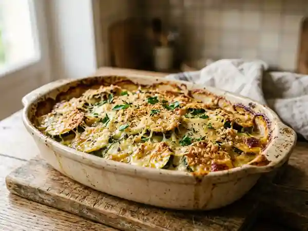 Gratin savoureux de courgettes au parmesan - Photo de présentation
