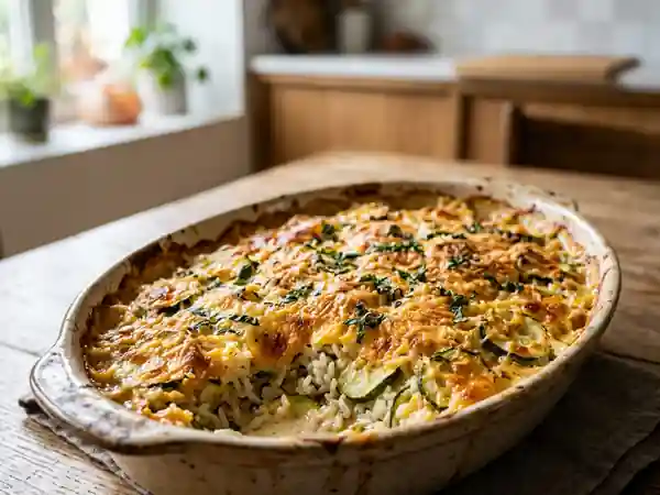 Gratin savoureux de courgettes et riz au basilic et parmesan - Photo de présentation