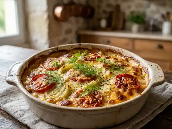 Gratin savoureux de fenouil et tomates fraîches - Photo de présentation