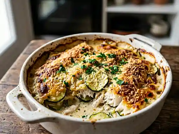 Gratin savoureux de filets de merlan aux courgettes fondantes - Photo de présentation