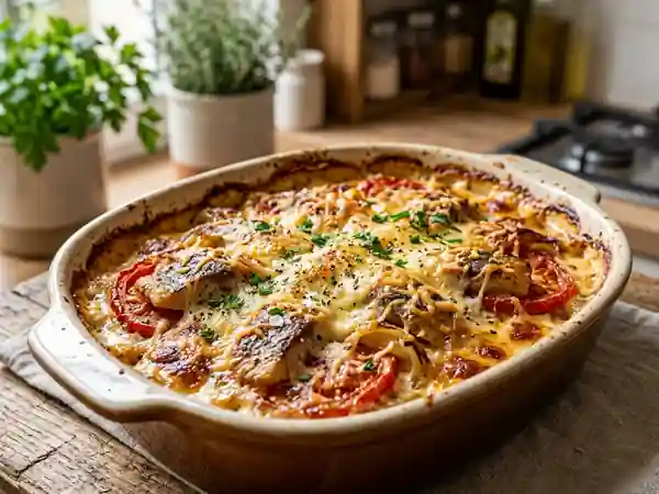 Gratin savoureux de harengs aux tomates et oignons - Photo de présentation