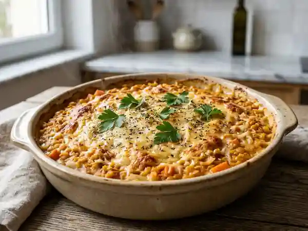 Gratin savoureux de lentilles corail au four - Photo de présentation