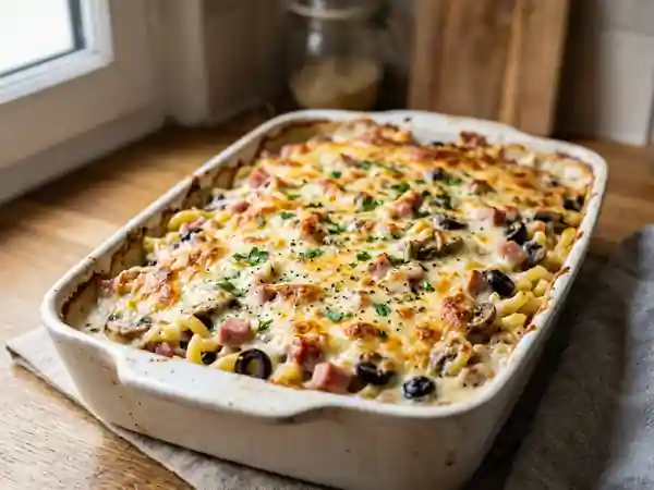 Gratin savoureux de pâtes au jambon, olives et champignons - Photo de présentation