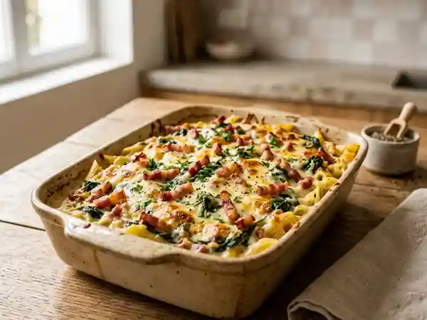 Penne fondantes au lard fumé et épinards frais - Photo de présentation