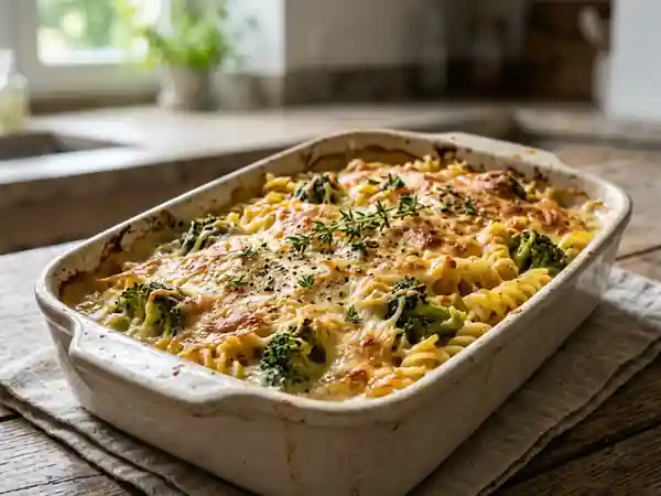 Pâtes au brocoli gratinées et crème d'ail - Photo de présentation