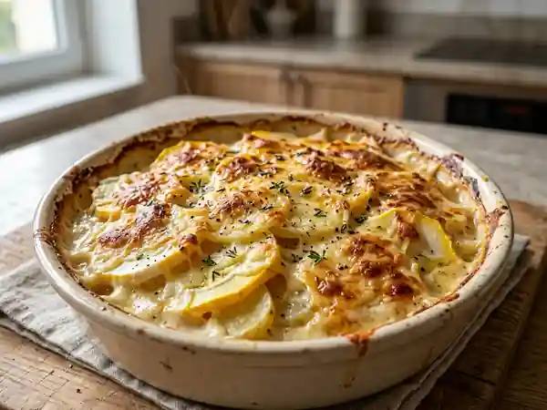 Gratin savoureux de pâtisson et pommes de terre fondantes - Photo de présentation