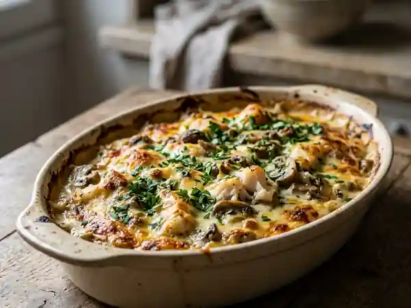 Gratin savoureux de poisson aux champignons fondants - Photo de présentation