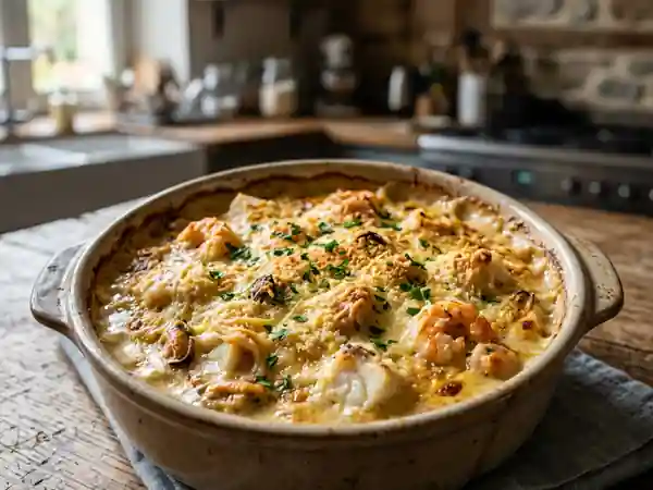 Gratin savoureux de poisson et fruits de mer à la crème - Photo de présentation