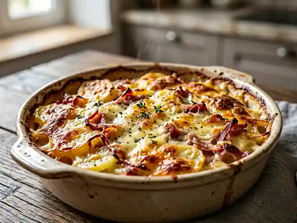 Gratin de pommes de terre fondant au jambon fumé - Photo de présentation