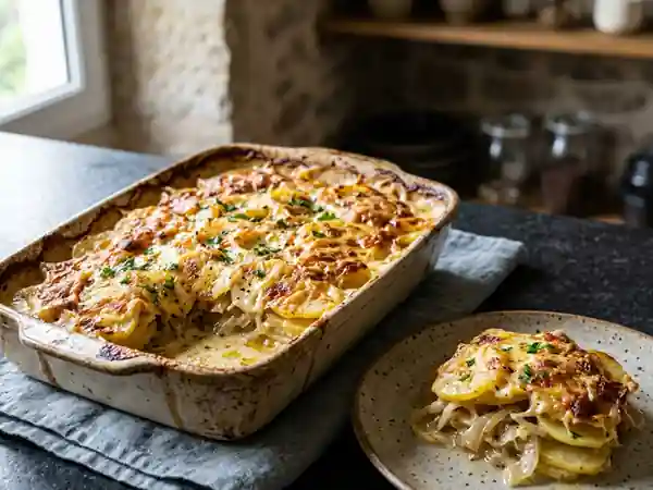 Gratin de pommes de terre fondant aux oignons - Photo de présentation