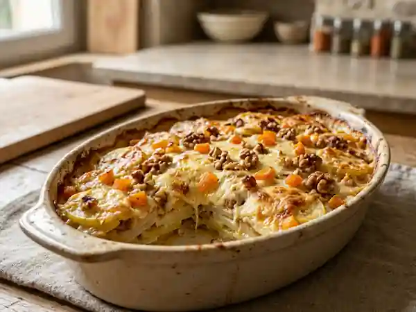 Gratin savoureux de pommes de terre et navets aux fruits secs - Photo de présentation