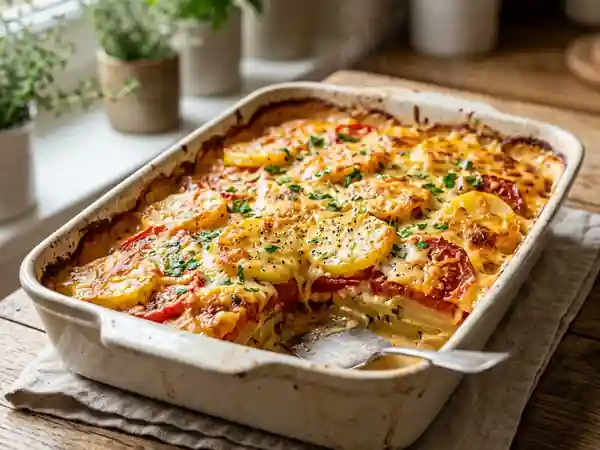 Gratin savoureux de pommes de terre et tomates fondantes - Photo de présentation