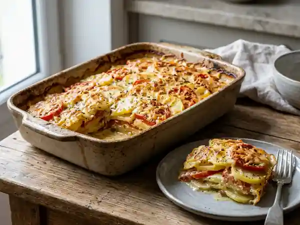 Gratin savoureux de pommes de terre et tomates fraîches - Photo de présentation