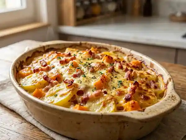 Gratin savoureux de potiron, pommes de terre et bacon - Photo de présentation