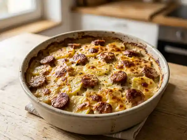 Gratin de saucisses fondant et doré - Photo de présentation