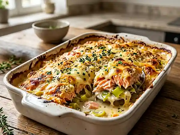 Gratin savoureux de saumon aux poireaux fondants - Photo de présentation