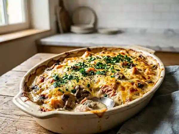 Gratin savoureux de saumon fumé aux champignons fondants - Photo de présentation