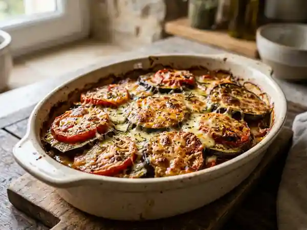 Gratin fondant d'aubergines et tomates à l'ail - Photo de présentation