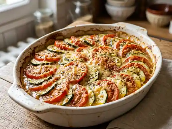 Gratin savoureux de tomates et courgettes fondantes - Photo de présentation