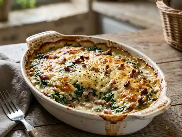 Gratin savoureux d'épinards au lard croustillant - Photo de présentation