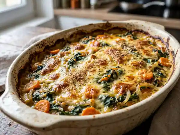 Gratin savoureux d'épinards et carottes aux oignons fondants - Photo de présentation
