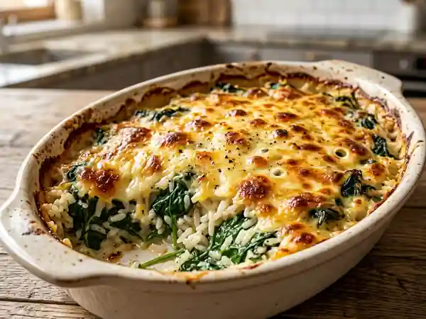 Gratin savoureux d'épinards et riz crémeux - Photo de présentation