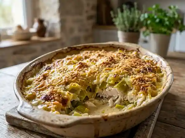 Gratiné fondant de poireaux et poisson blanc - Photo de présentation
