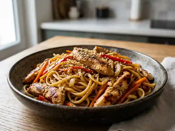 Wok de nouilles au poulet et légumes croquants - Photo de présentation