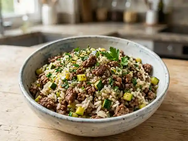 Poêlée de bœuf haché, riz et courgettes fondantes - Photo de présentation