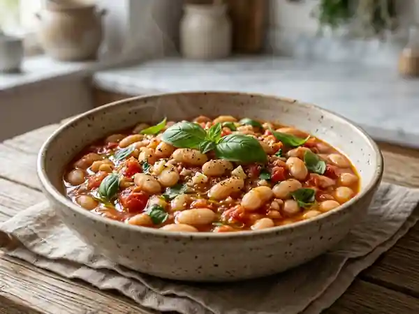 Haricots blancs frais mijotés à la tomate, basilic et ail - Photo de présentation