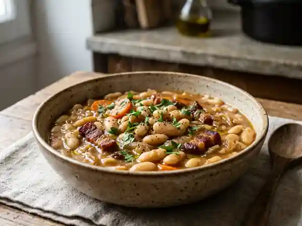Haricots blancs mijotés au lard fumé : recette savoureuse et réconfortante - Photo de présentation