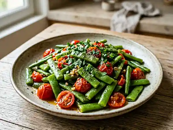 Haricots plats croquants aux tomates cerises - Photo de présentation