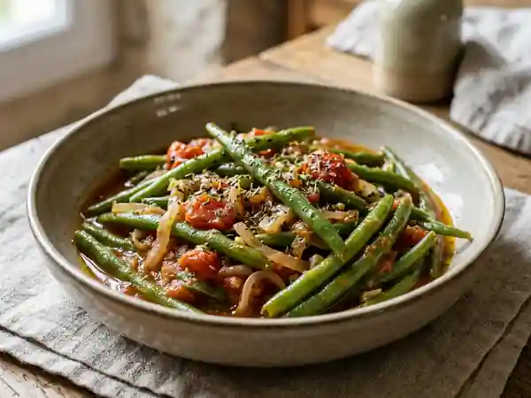 Haricots verts mijotés à la tomate fraîche et aux herbes - Photo de présentation