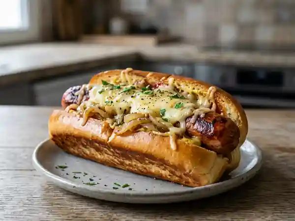 Hot-dog gratiné aux oignons fondants - Photo de présentation