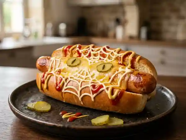 Hot-dog Halloween craquant au cheddar fondu - Photo de présentation