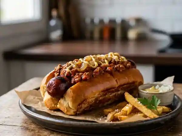 Hot-dog Michigan grillé et sauce chili fondante - Photo de présentation