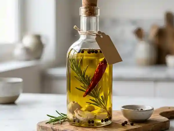 Huile infusée à l'ail et romarin frais - Photo de présentation