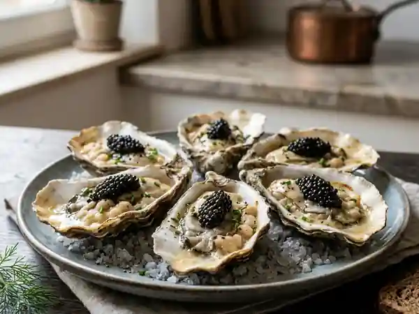 Huîtres chaudes au caviar et crème de haricots - Photo de présentation