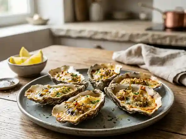 Huîtres rôties, crème d'oignons et croûte dorée - Photo de présentation