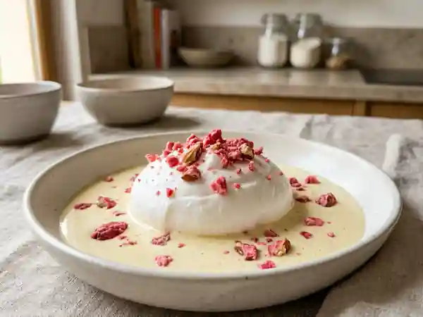 Îles flottantes aux pralines roses : dessert gourmand et coloré - Photo de présentation