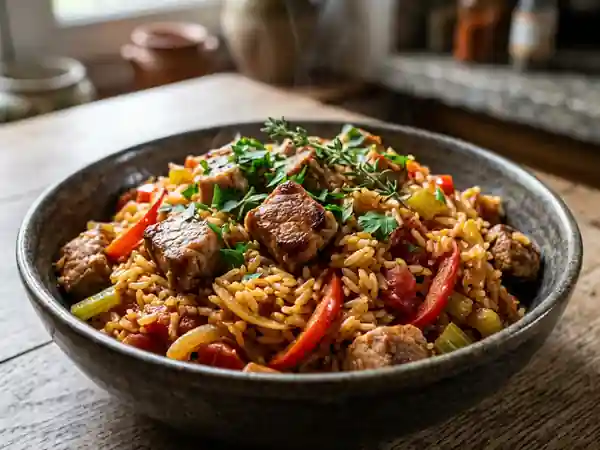 Jambalaya de porc épicé et fondant - Photo de présentation
