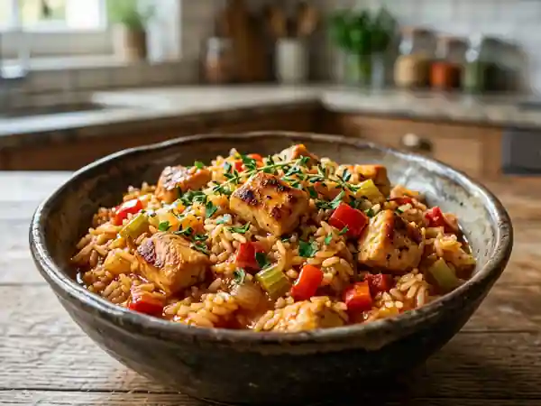 Jambalaya au poulet fondant et épices cajun - Photo de présentation
