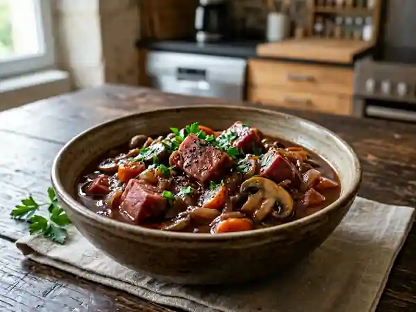 Jambon Fondant Sauce Vin Rouge et Champignons - Photo de présentation