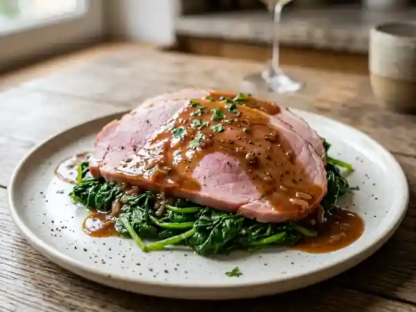 Jambon fondant, crème au Madère et épinards - Photo de présentation